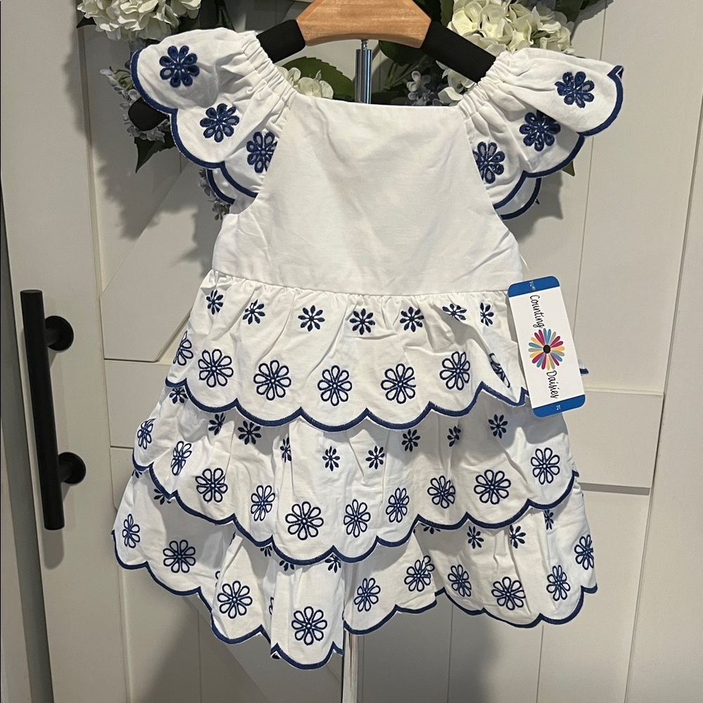 White Dress with Blue Floral Embroidery